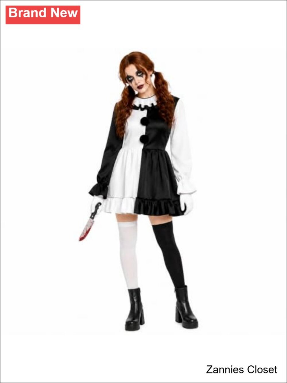 👻 Complete 4-Piece Women's Clown Costume Set Dress Gloves Stockings Prop Knife